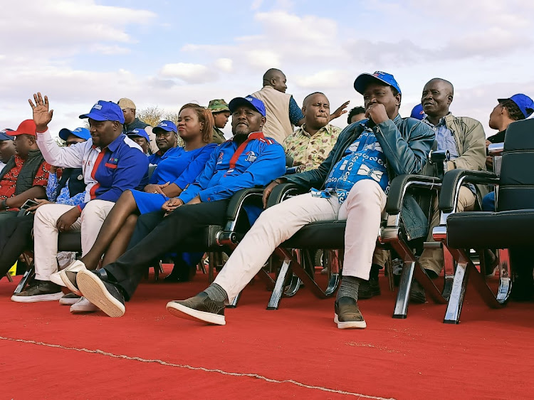 Wiper leader Kalonzo Musyoka and a delegation of wiper leaders during a campaign rally at Kyuso market on Saturday.