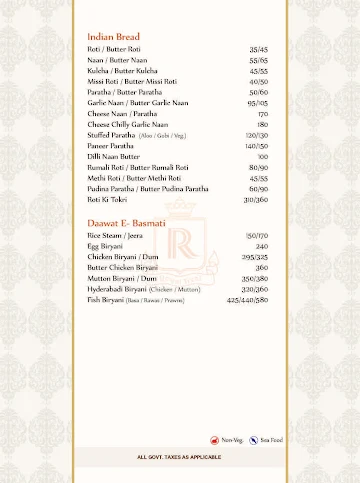 Royal Treat menu 