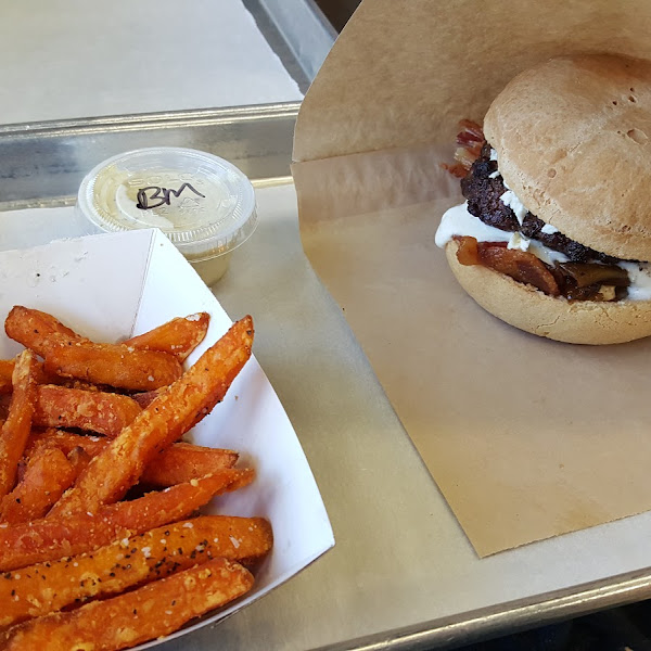 GF triple slam burger with feta instead of blue cheese and GF sweet potato fries from the dedicated Fryer
