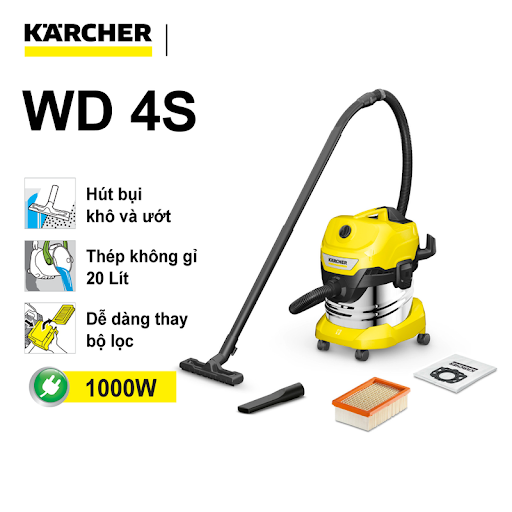 Máy hút bụi khô và ướt Karcher WD 4 S - Dung tích 20 lít - Thùng thép không gỉ - Bộ lọc xếp li thẳng - Công suất mạnh mẽ tiết kiệm điện - Bảo hành chính hãng 12 tháng - SX tại Romania