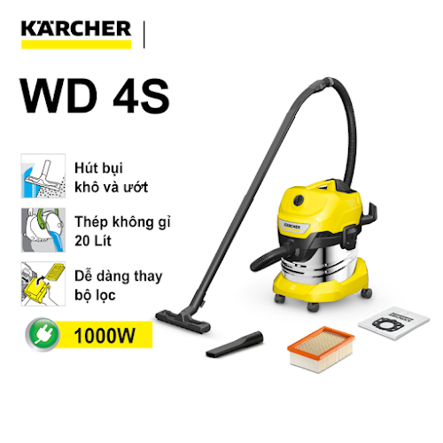 Máy hút bụi khô và ướt Karcher WD 4 S - Dung tích 20 lít - Thùng thép không gỉ - Bộ lọc xếp li thẳng - Công suất mạnh mẽ tiết kiệm điện - Bảo hành chính hãng 12 tháng - SX tại Romania