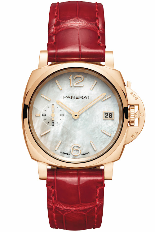 The Panerai Piccolo Due Madreperla is a striking example of Italian style with its red alligator leather strap and mother-of-pearl dial.