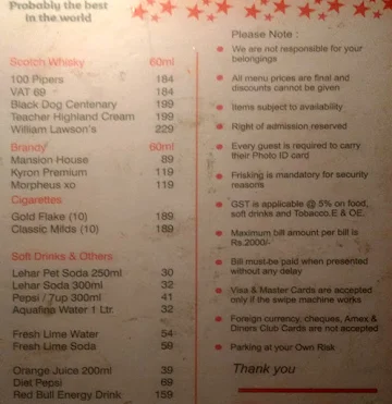 Bar One menu 