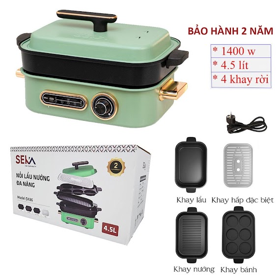 Nồi Lẩu Điện 4 Chức Năng - Lẩu, Nướng, Hấp, Làm Bánh - Công Suất Lớn 1400W Làm Nóng Nhanh - Hàng Chính Hãng