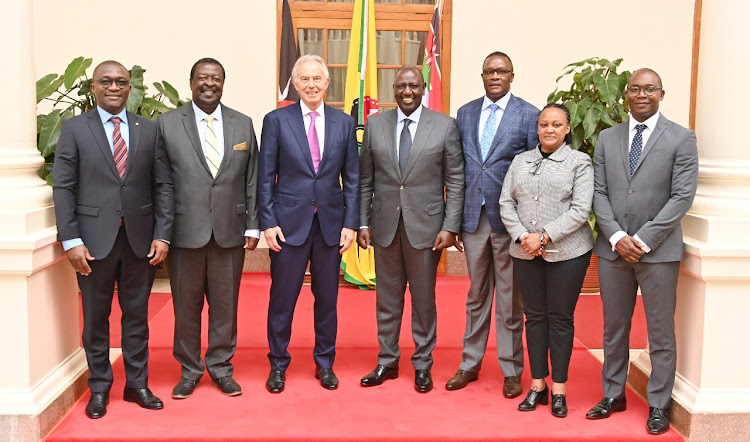 President William Ruto with former British PM Tony Blair, Prime Cabinet Secretary Musalia Mudavadi and ICT CS Eliud Owalo and other officials at the State House, Nairobi on Friday, November 4,2022.