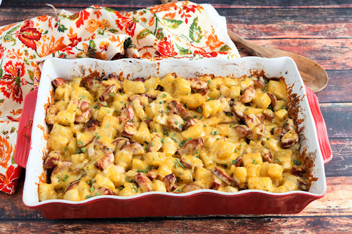 Comforting Cheesy Kielbasa and Potato Bake ready to serve.