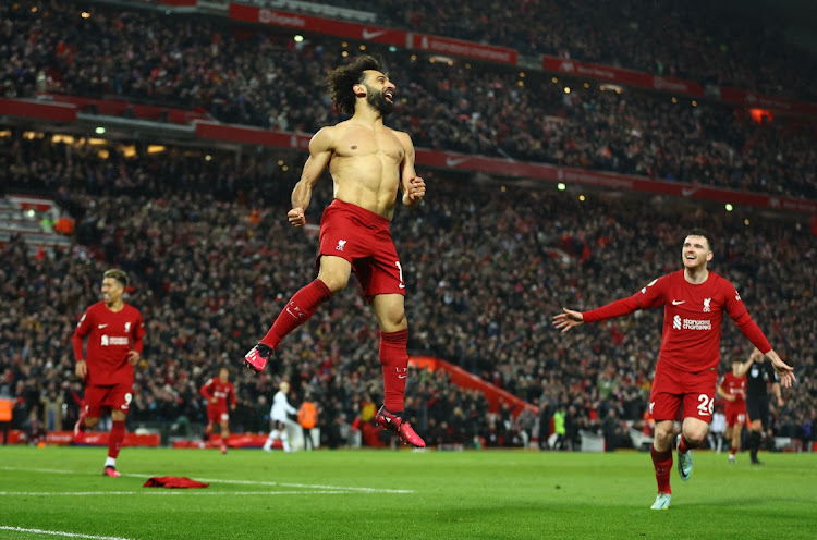 Liverpool's Mohamed Salah celebrates scoring their sixth goal in their Premier League game against Manchester United at Anfield in Liverpool on March 5 2023.