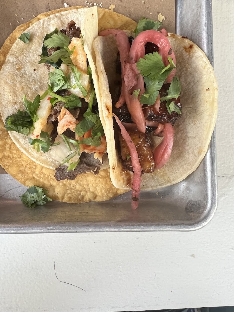 Ribeye taco and Pork belly tacos