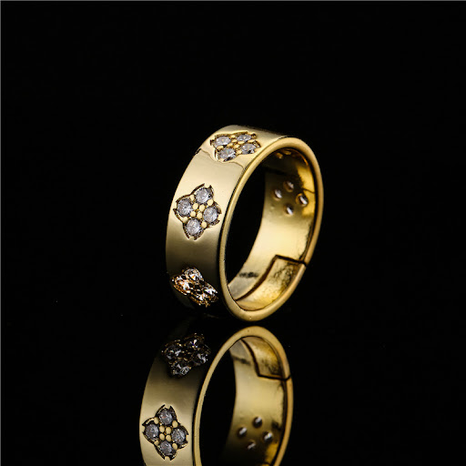 Title 3, Brass micro-gold plated floral geometric ring f...