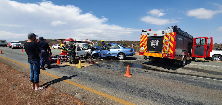 A woman was killed and five others - including a one-year-old child - were injured in a head-on collision on the N12 highway near Fochville on Saturday afternoon.