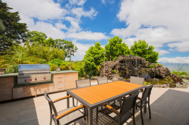 Lake Michigan deck with bbq grill and dining area with view