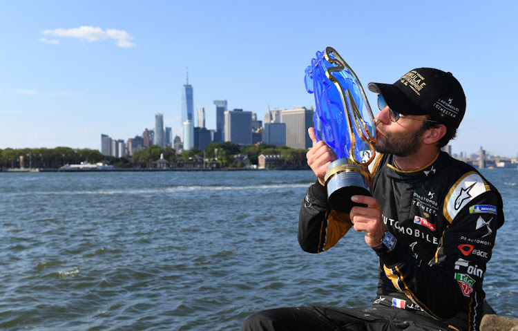 Jean-Eric Vergne with his championship trophy after the New York E-Prix, Race 12, of the 2018/19 ABB FIA Formula E Championship.