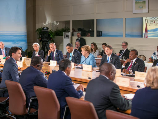 President Uhuru Kenyatta joins other world leaders at a working group meeting lead by Canadian Prime Minister Justin Trudeau at Le Manoir Charlevoix for the G7 Summit meeting. /PSCU