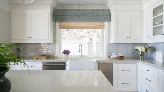 Homes with Barn Door, subway tiles shaker cabinet farmhouse sink kitchen