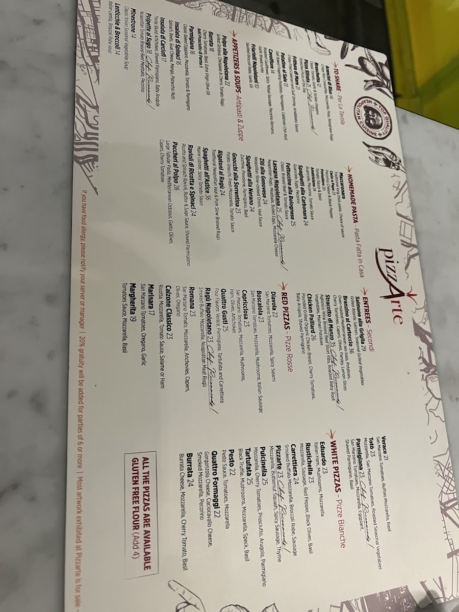 PizzArte gluten-free menu