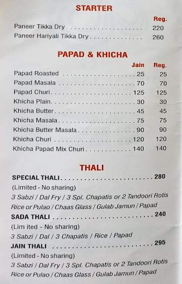 Bhagat Tarachand menu 