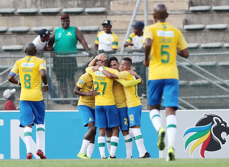 Jose Al Meza of Mamelodi Sundowns celebrates goal with teammates during the 2019 Telkom Knockout Last 16 match between Mamelodi Sundowns and AmaZulu at Lucas Moripe Stadium, Pretoria, on 20 October 2019.