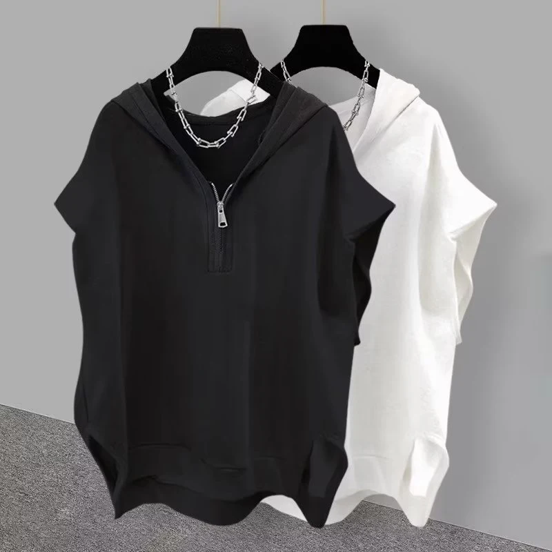 T-shirt senza maniche con cappuccio e zip da uomo, estate, tinta unita. Comodo e versatile, perfetto per le giornate calde. Stile casual e sportivo.