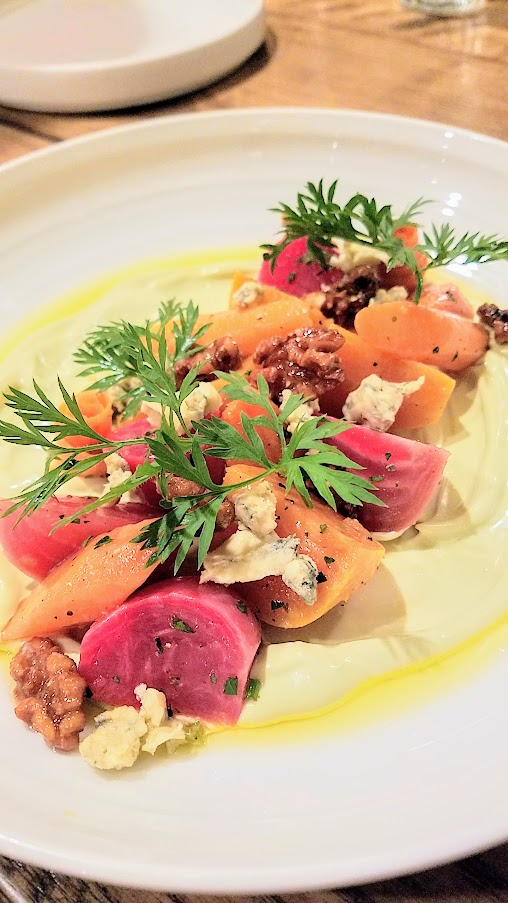 Roasted Beets with carrot, candied walnuts, glacier blue cheese, avocado-habanero crema, and IP8 vin at King Tide Fish and Shell, Portland.