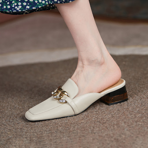 Title 3, Top Layer Cowhide Square Head Low Heel Metal Ch...