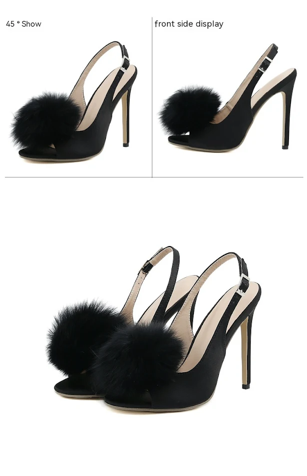 Sandale à talons hauts pour femme avec bouche de poisson satinée et boule poilue douce, pour un look chic et sophistiqué.