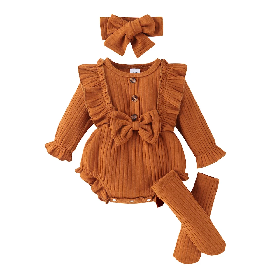 Macacão romper listrado com laço para meninas, manga longa, meias longas. Design simples e confortável, ideal para dias de sol com estilo.
