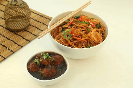 Hot Garlic Veg Noodles With Stirfried Asian Greens