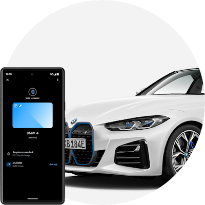 In the background, an Android-enabled car. In the foreground, an Android phone displays the digital car key UI.