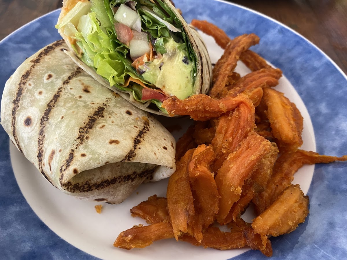 Avocado Wrap with GF Wrap and Sweet Potato Fries