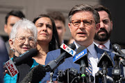 Speaker of the US House of Representatives Mike Johnson speaks at a news conference at Columbia University in response to demonstrators protesting in support of Palestinians, during the ongoing conflict between Israel and the Palestinian Islamist group Hamas, in New York City, US, on April 24 2024. 