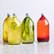 Water kefir soda flavoured with, from left, mango & passion fruit; lemon & lime; cucumber, mint & spirulina; raspberry & pomegranate.