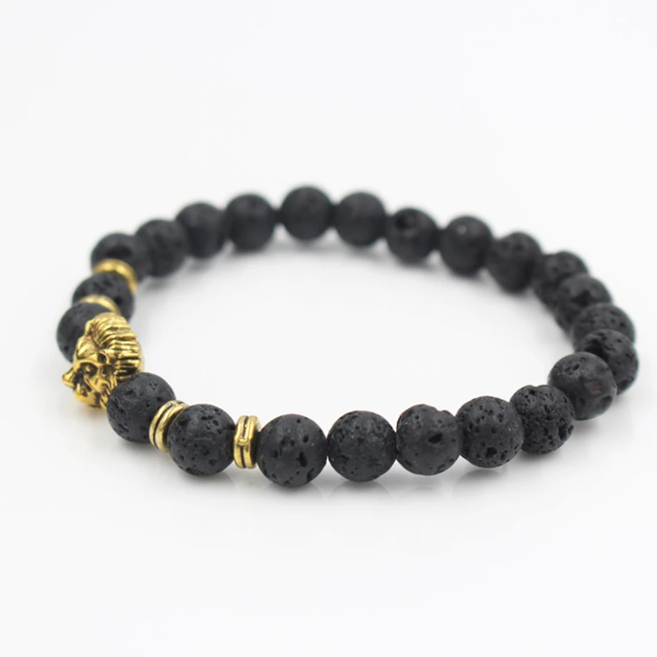 Bracelet en pierre volcanique Lava, tendance européenne et américaine avec tête de lion en alliage. Un accessoire cool et stylé.