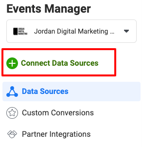 Screenshot of the selection of "Connect Data Sources" button of the Events Manager selection on the Business Tools menu of Facebook Ads Manager