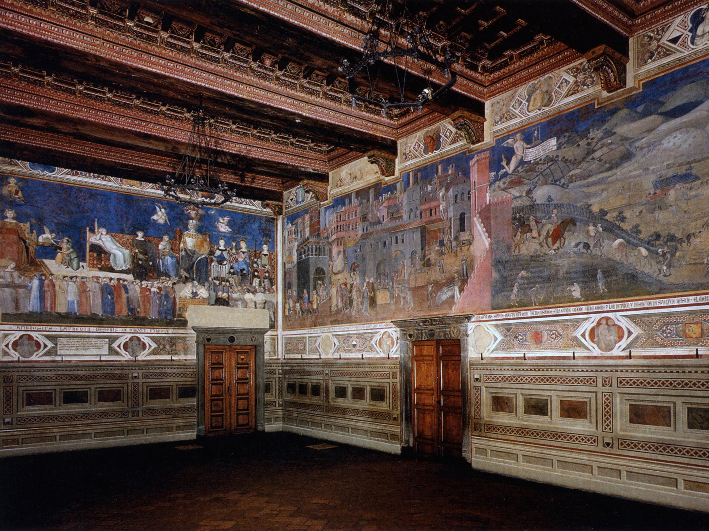 Ambrogio Lorenzetti, Sala dei Nove (Sala della Pace), con l'Allegoria del Buon Governo), sulla parete Nord ed un scorcio della parete Est (Effetti del Buon Governo in città), Palazzo Pubblico, Siena