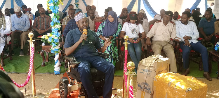 NCPWD chief executive officer Harun Hassan speaking at the Garissa School of the mentally handicapped during the commemoration of the World Autism Awareness day.