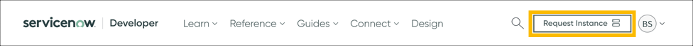 Screenshot showing the Request Instance button on the Developer Site header.