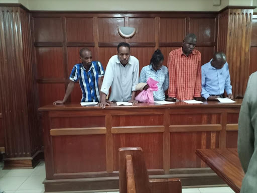 Dusit terror suspects Joel Nganga, Oliver Muthee, Gladys Kaari, Guleid Abdihakim and Osman Ibrahim in court on January 18, 2018. / ANNETTE WAMBULWA