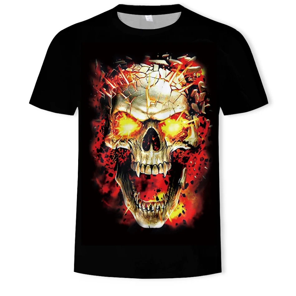 Camiseta masculina manga curta com estampa digital 3D de caveira, estilo europeu e americano, design falso de duas peças, moda transfronteiriça.