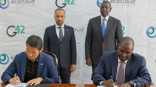 President William Ruto and UAE Ambassador to Kenya Salim Ibrahim Binahmed Mohamed Alnaqbi witnessing the signing of an MOU between Kenya's EcoCloud and UAE's G42 at State House, Nairobi on March 6, 2024.