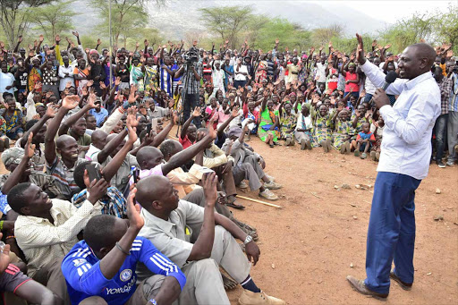 Deputy President William Ruto addresses residents of Arror in Elegyo Marakwet County. Mr Ruto laid a foundation stone for Arror Police Station in the area. The Police station will boost security in the area. PICTURE REBECCA NDUKU/DPPS