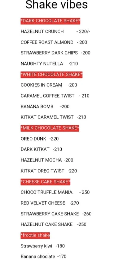 Shake Vibes menu 