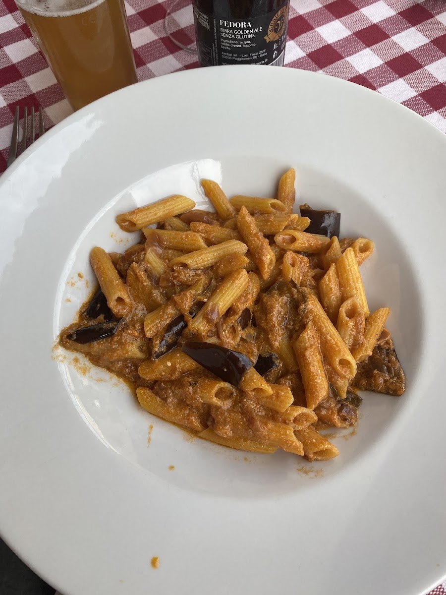 Gluten free penne with eggplant, tomato, and ricotta sauce. Delicious!