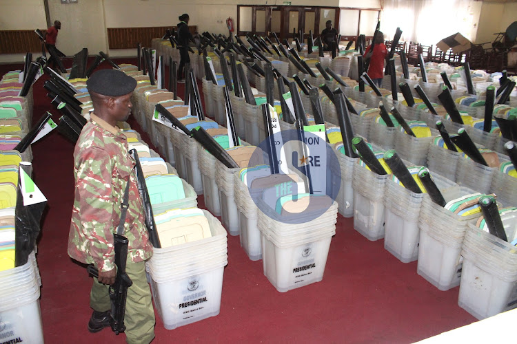Ballot boxes are seen at Upperhill High School, which serves as Kibra constituency tallying centre ahead of Tuesday's general elections on August 7, 2022/ANDREW KASUKU