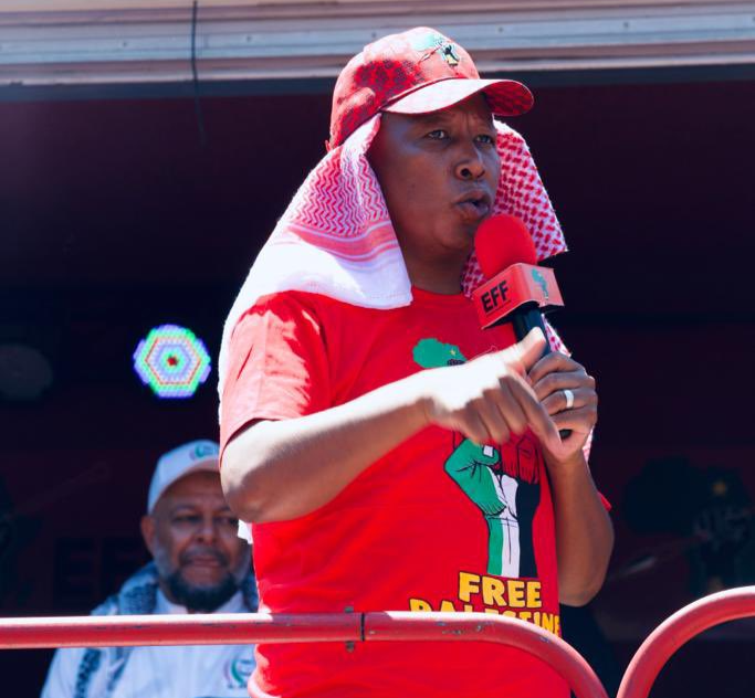 EFF leader Julius Malema addressing supporters outside the Israeli embassy in Pretoria.