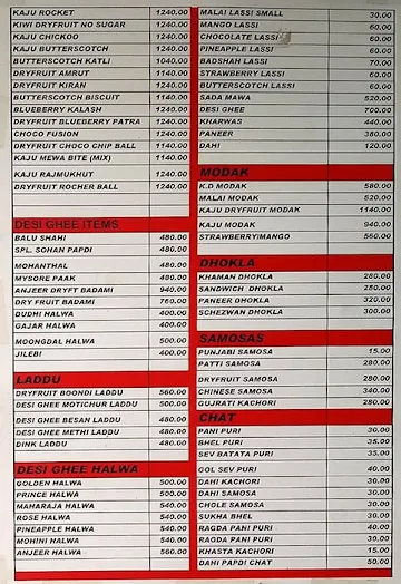 Kantilal Damodar Mithaiwala menu 