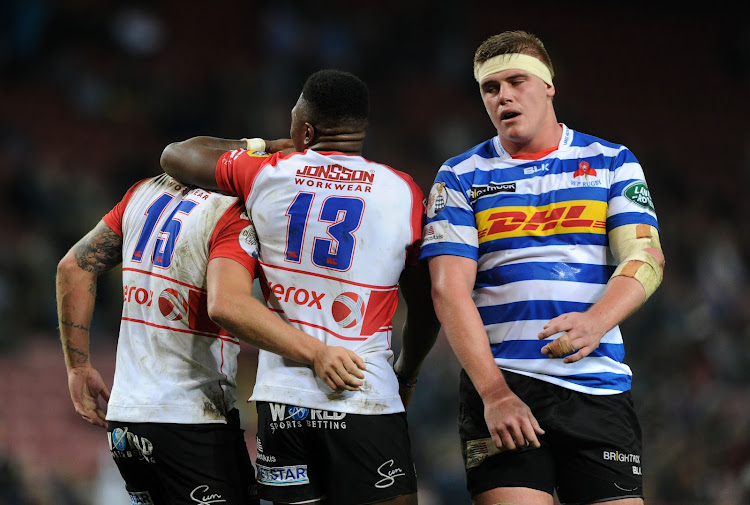 Simelani Wandisile of the Golden Lions celebrates with teammate Tyrone Green after scoriing a try during a Currie Cup match against Western Province on July 27 2019.