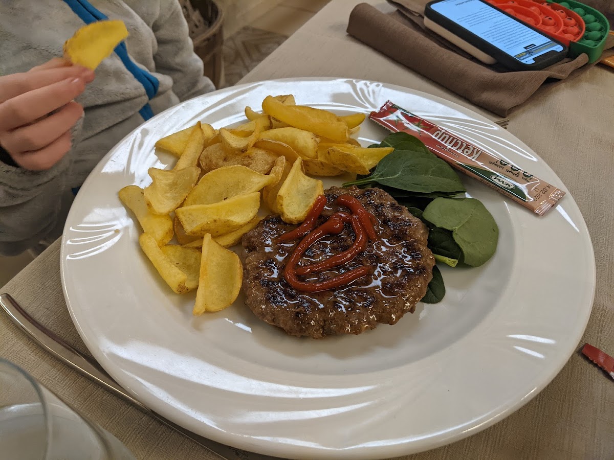 GF burger and fries. We didn't get a GF bun at first due to miscommunication but we were later provided with one.