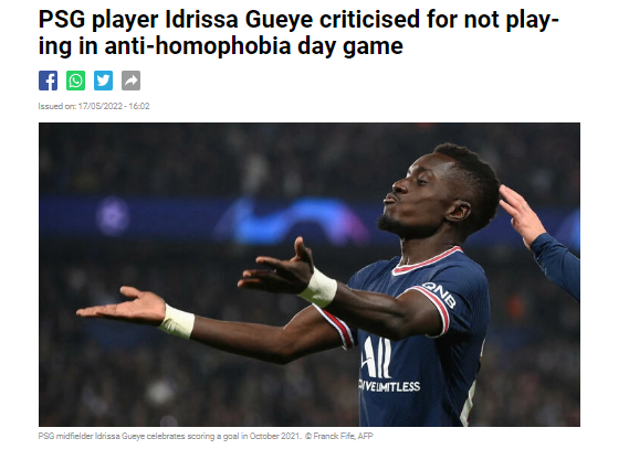 PSG player Idrissa Gueye criticised for not playing in anti-homophobia day  game