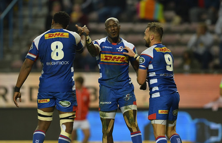 Raymond Rhule of the Stormers celebrate with team mates after scoring a try during the Super Rugby match between DHL Stormers and Cell C Sharks at DHL Newlands on July 07, 2018 in Cape Town, South Africa.