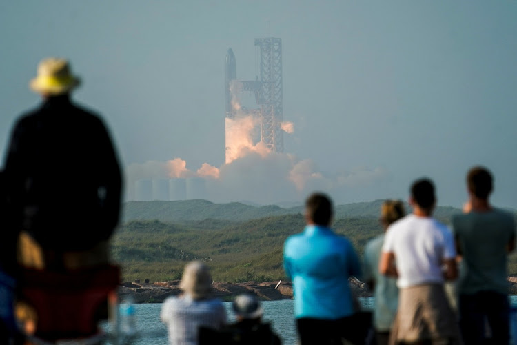 SpaceX's next-generation Starship spacecraft atop its powerful Super Heavy rocket near Brownsville, Texas, the US, April 20 2023. Picture: GO NAKAMURA/REUTERS